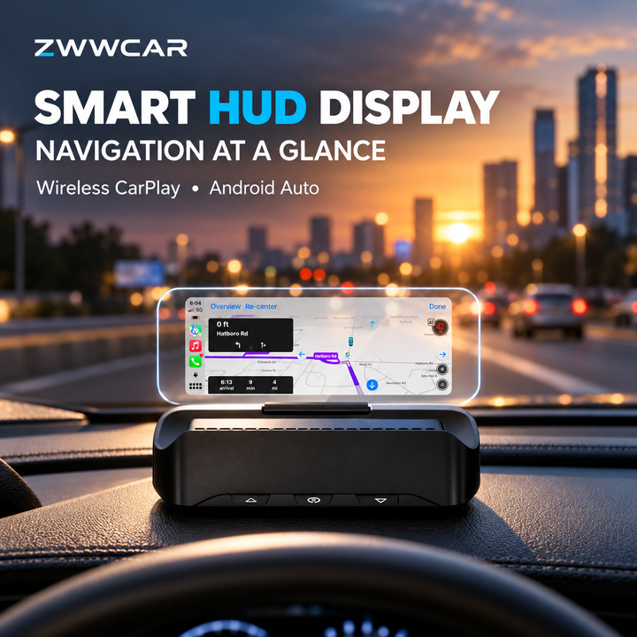 In-vehicle HUD (Head-Up Display) supporting wireless CarPlay and Android Auto.