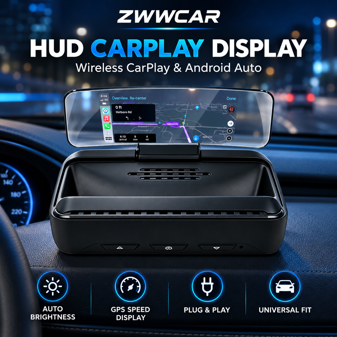 In-vehicle HUD (Head-Up Display) supporting wireless CarPlay and Android Auto.